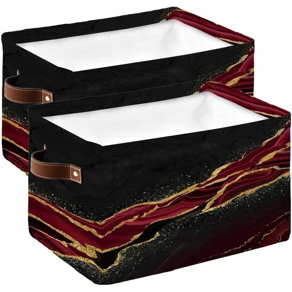 Set of 2 Black Burgundy Gold Marble Agate Storage Baskets with Leather Handles‎